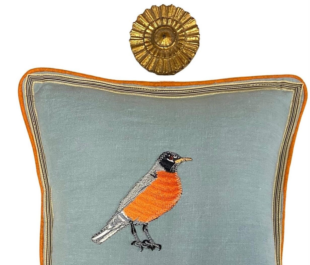 Small Embroidery Linen Pillow - Bird or Bee Decorative Pillow