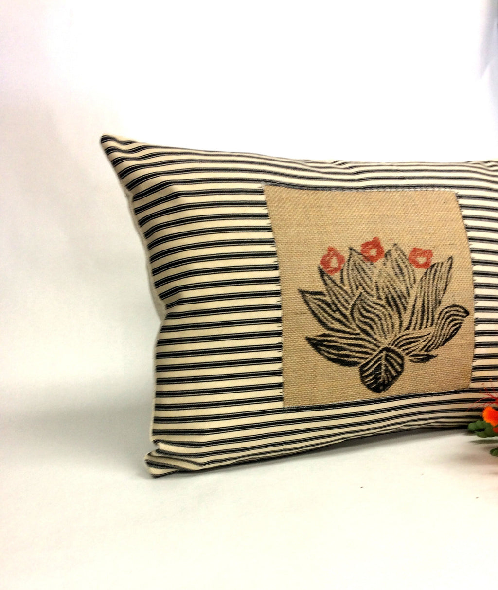 Hand Printed Cactus Pillow: Black Stripe Accent Pillow