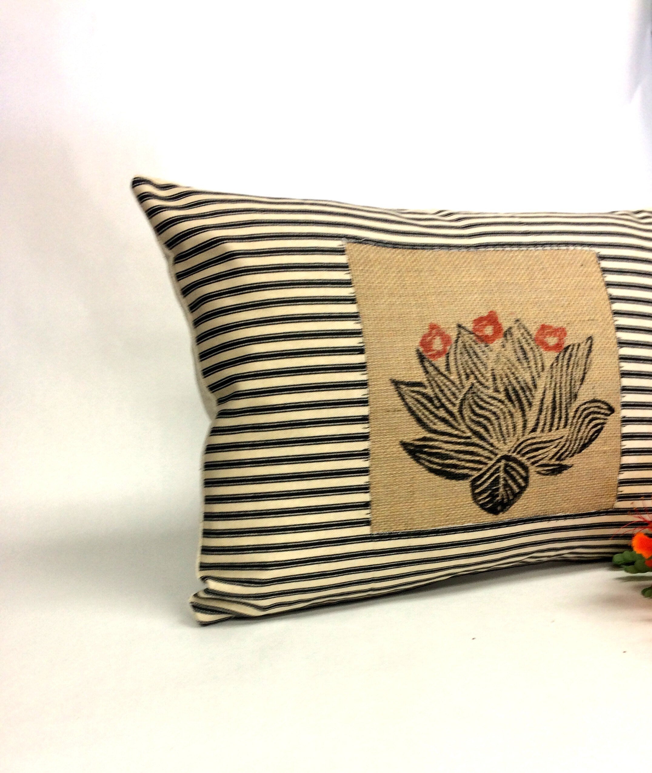 Hand Printed Cactus Pillow: Black Stripe Accent Pillow