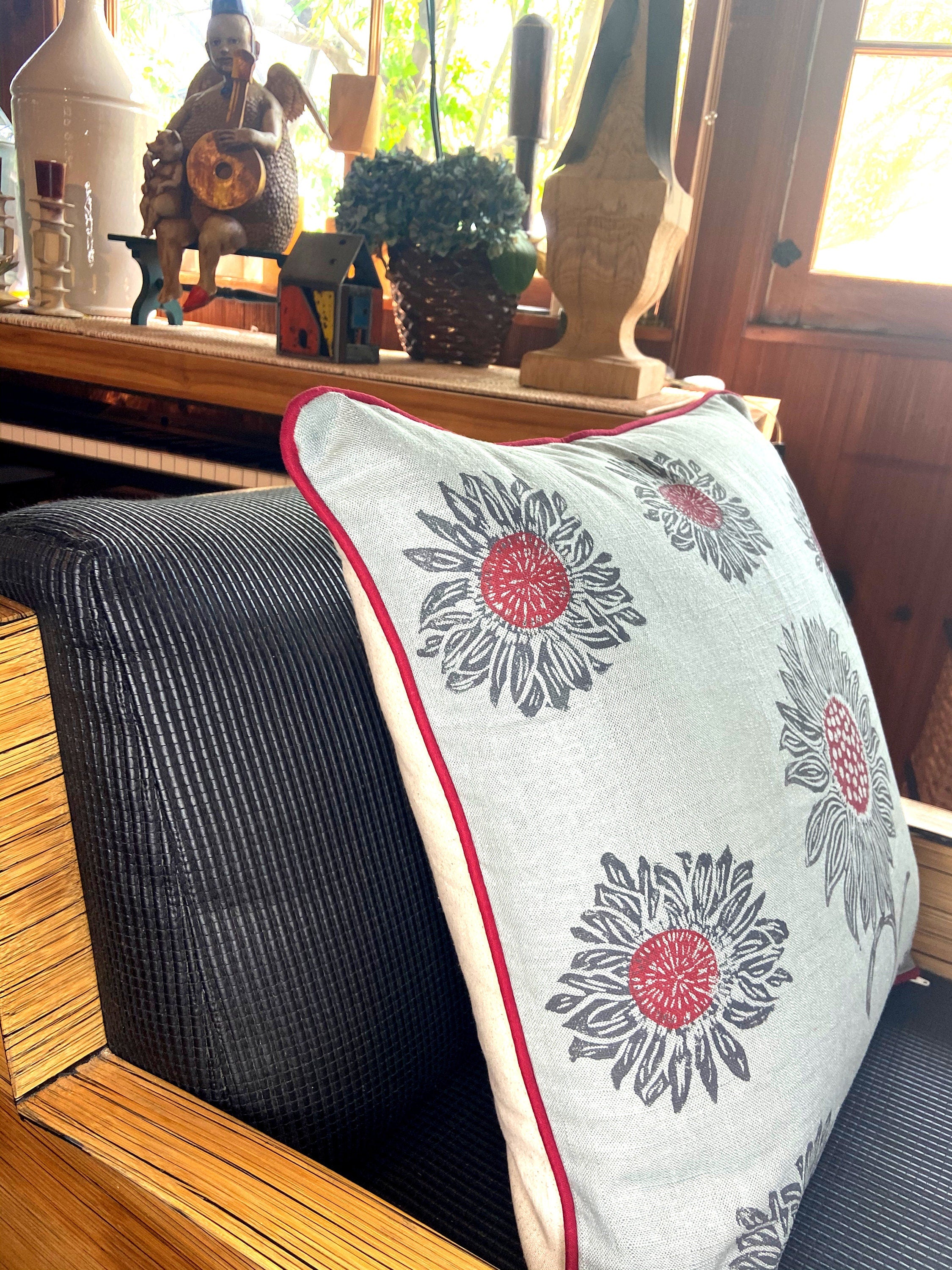 Hand Printed Sunflower Linen Pillow: Floral Home Decor