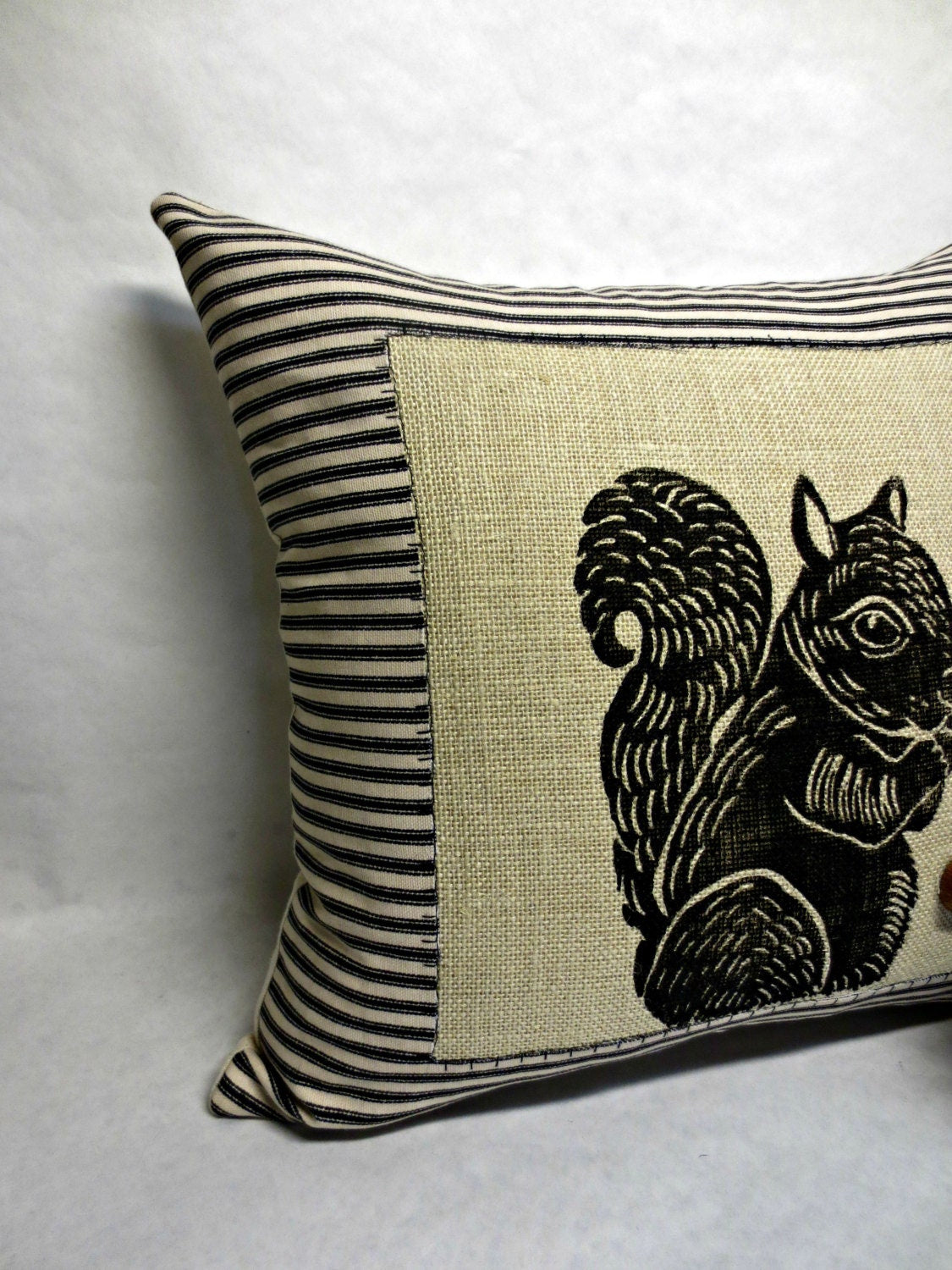 Squirrel Hand Block Printed Pillow: Rustic Cabin Decor