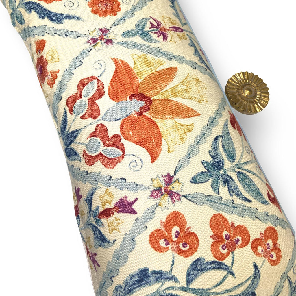 Oscar de la Renta Linen Kidney Pillow: Orange Aqua Floral Trellis, 12x24
