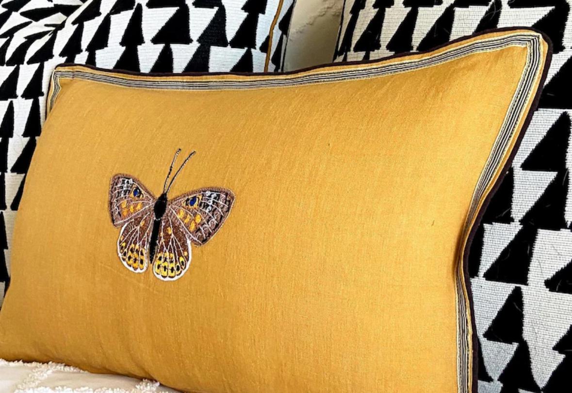 Butterfly Golden Yellow Embroidered  Linen Pillow - Embroidery Pillow