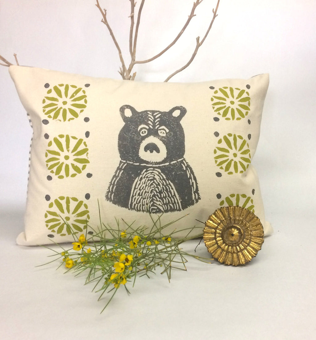 Mid-Century Bear Print Pillow: Grey Bear, Citrine Green Geometric Design