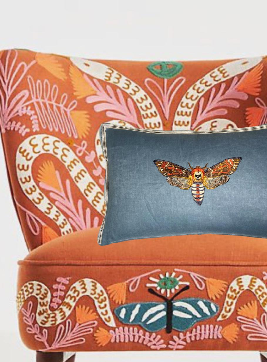 Embroidered Moth Linen Pillow: Slate Blue Decorative Lumbar