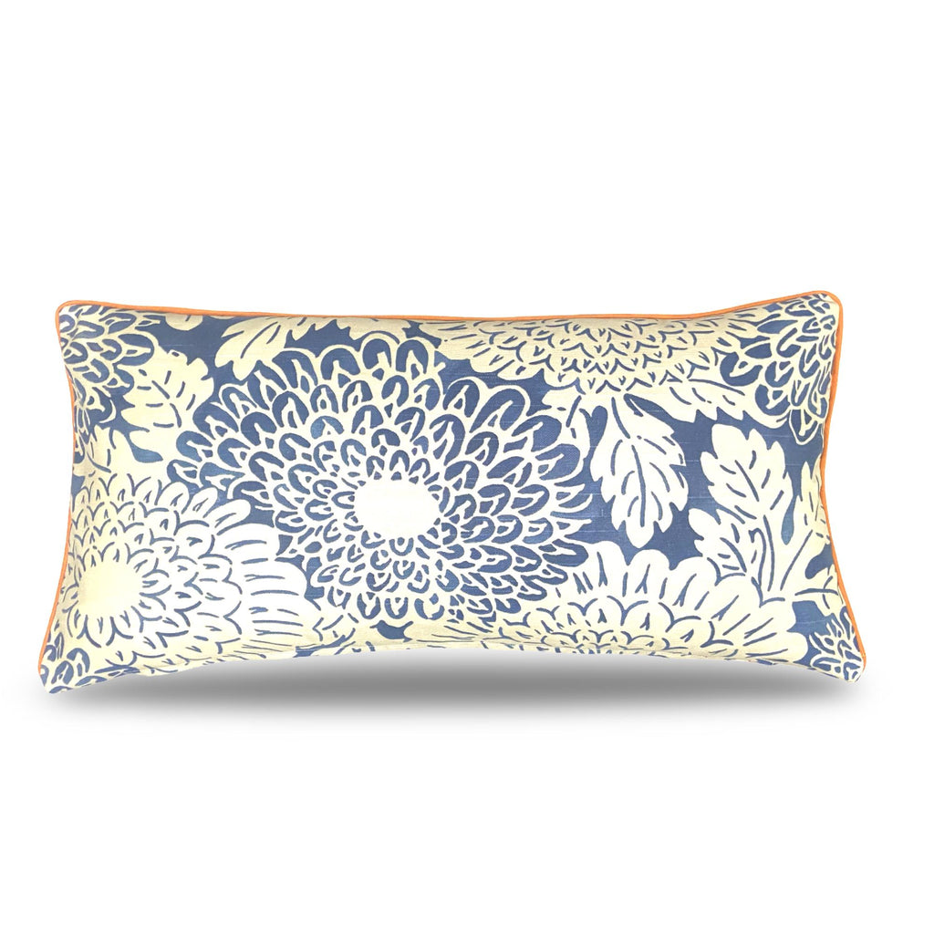 Blue Floral Print Kidney Pillow: Kravet Cotton, Orange Cord Trim