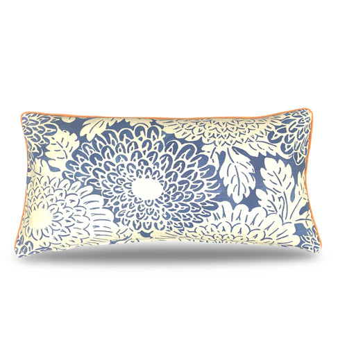 Blue Floral Print Kidney Pillow: Kravet Cotton, Orange Cord Trim