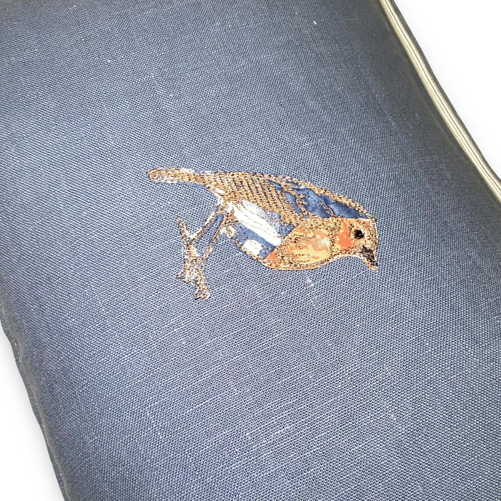 Embroidered Bird Linen Pillow: Slate Blue & Orange Accent