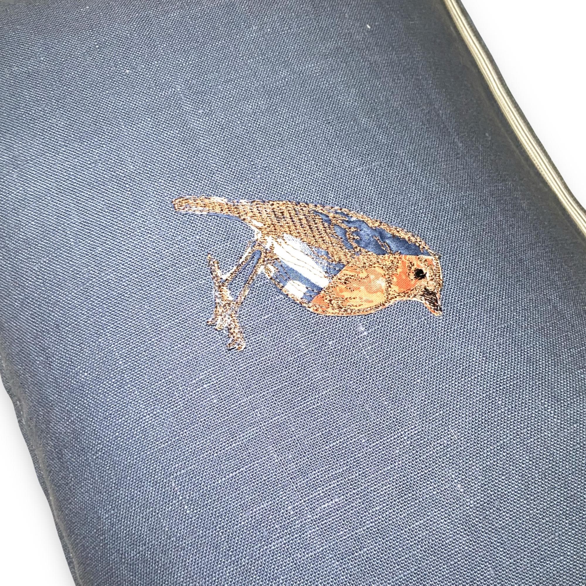 Embroidered Bird Linen Pillow: Slate Blue & Orange Accent