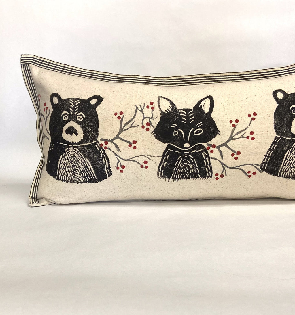 Woodland Bear and Fox Print Kidney Pillow: Hand Printed Decorative Pillow