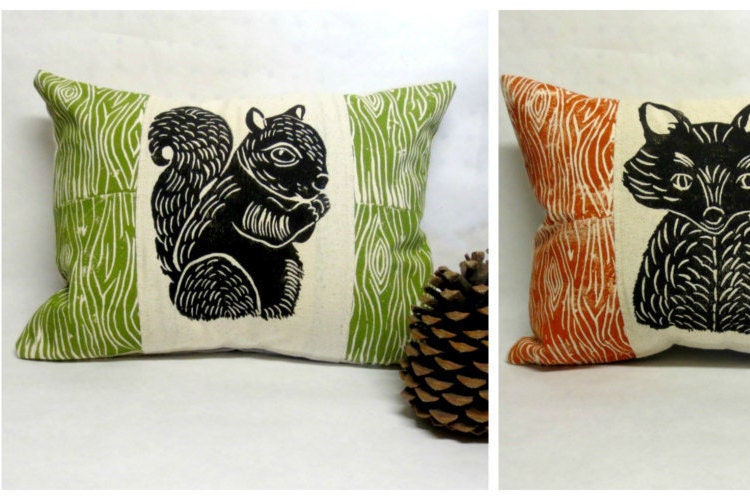 Raccoon Pillow: Hand Carved Block Print, Woodland Nursery Decor