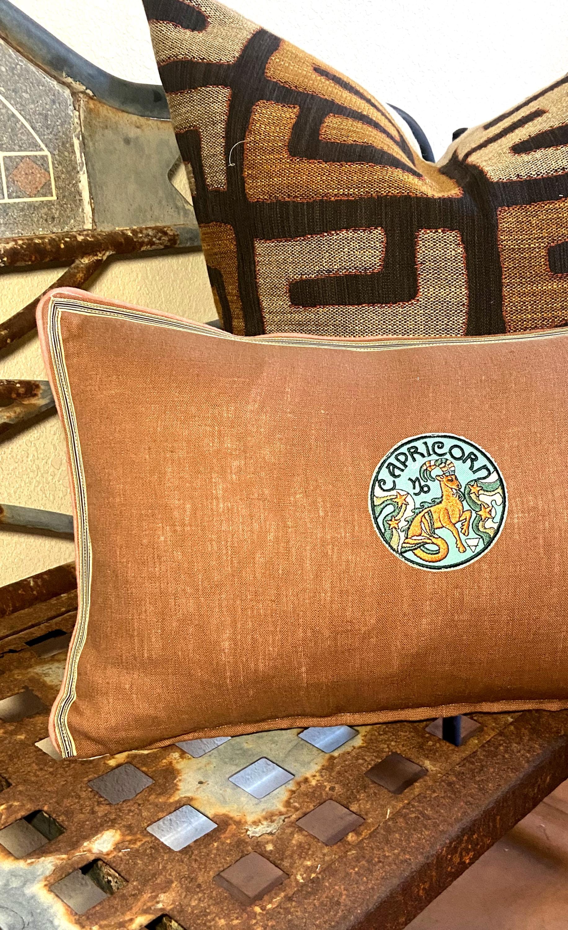 Zodiac Embroidery Linen Pillow: Caramel Brown Accent Pillow