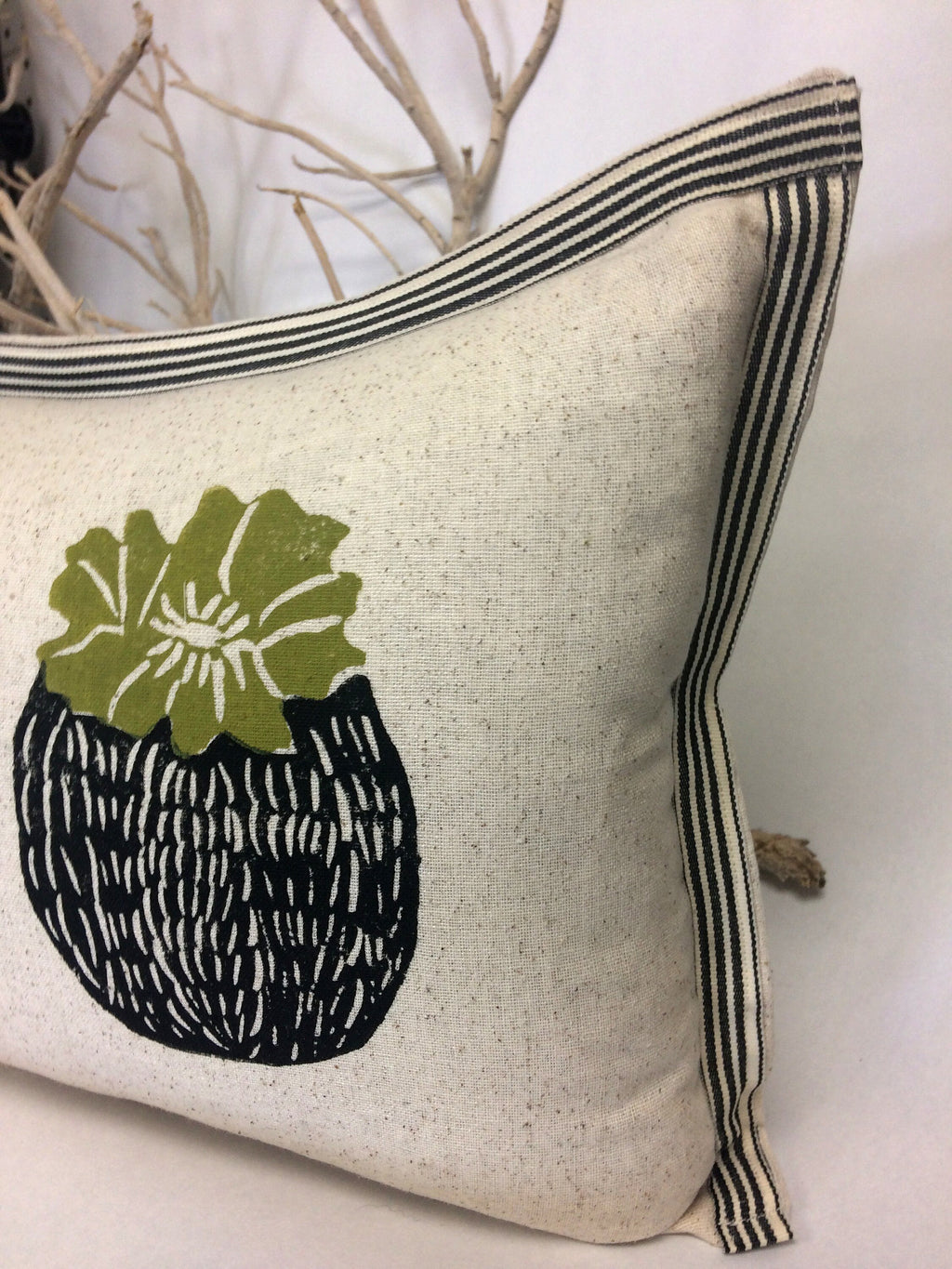 Barrel Cactus Print Kidney Pillow: Hand Block Printed Decorative Pillow