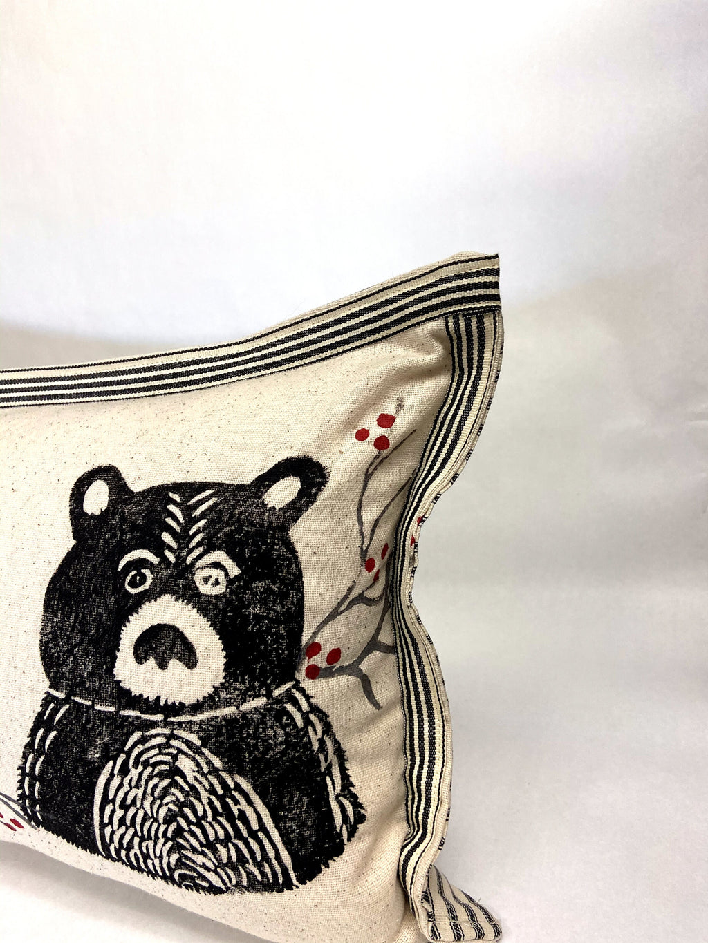 Woodland Bear and Fox Print Kidney Pillow: Hand Printed Decorative Pillow