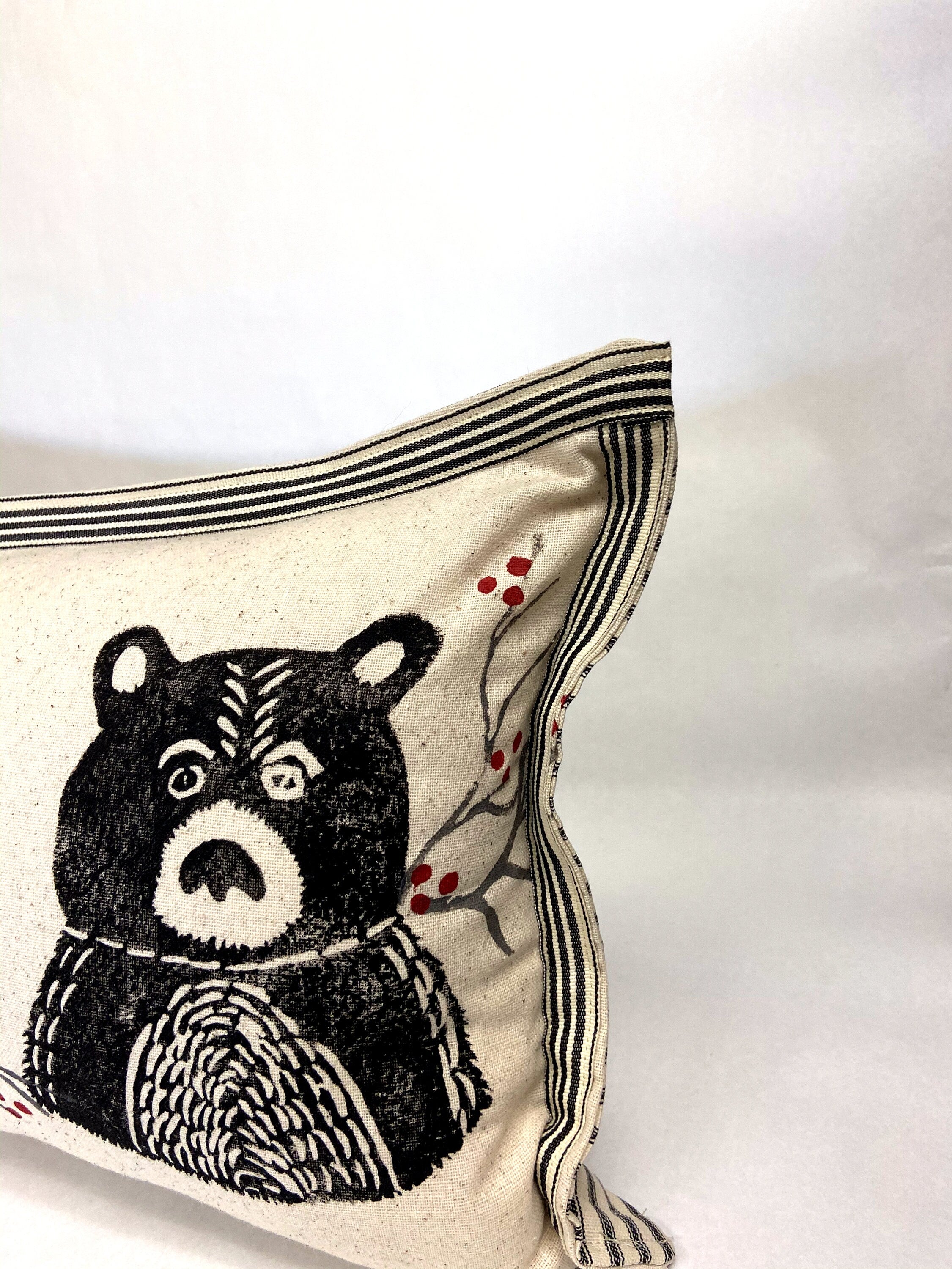 Woodland Bear and Fox Print Kidney Pillow: Hand Printed Decorative Pillow