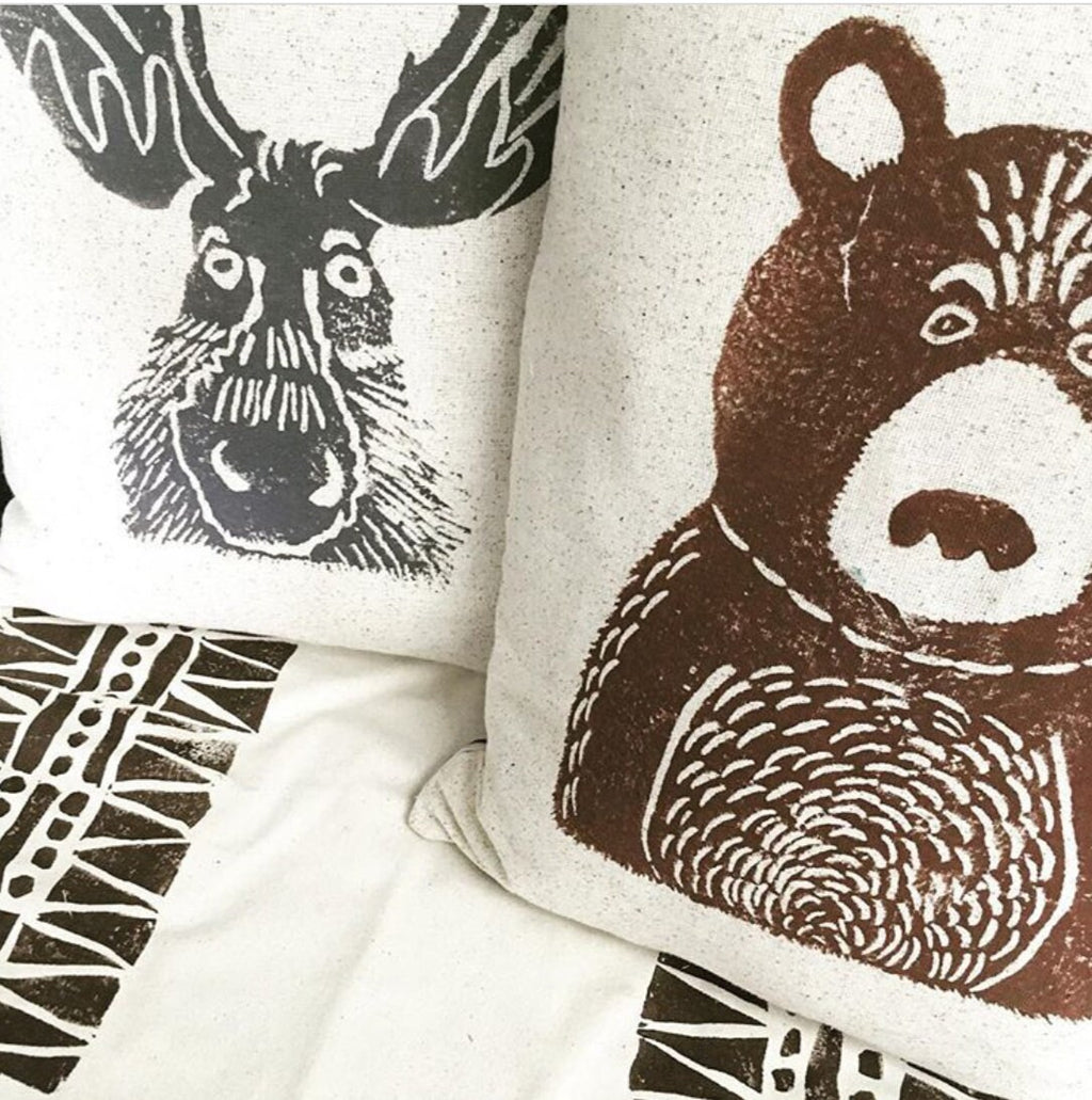 Hand Block Printed Woodland Animal Pillow: Bear, Fox, Moose, Squirrel