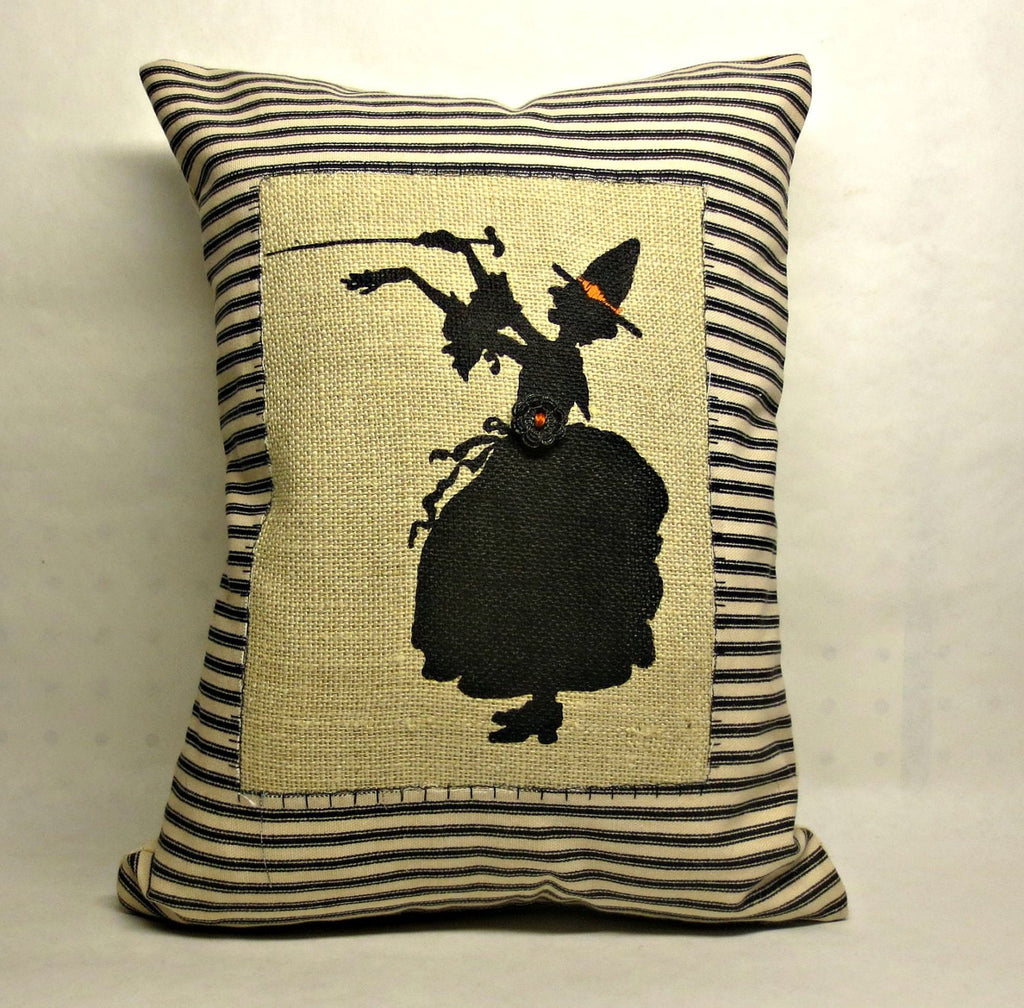 Wicked Witch Halloween Pillow: Burlap Silhouette, Orange Accents