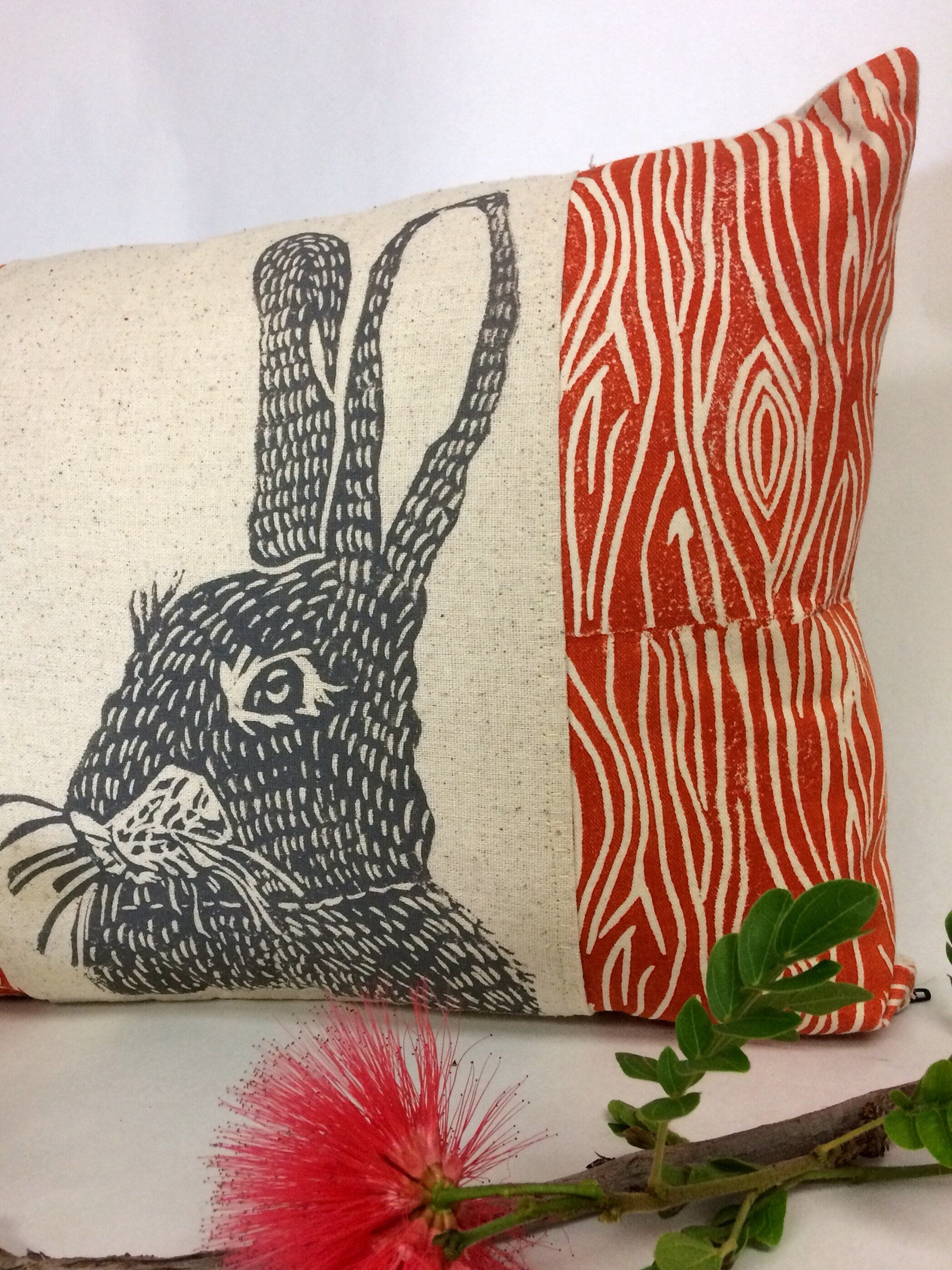 Woodland Rabbit Print Lumbar Pillow: Rustic Home Decor (12x16)