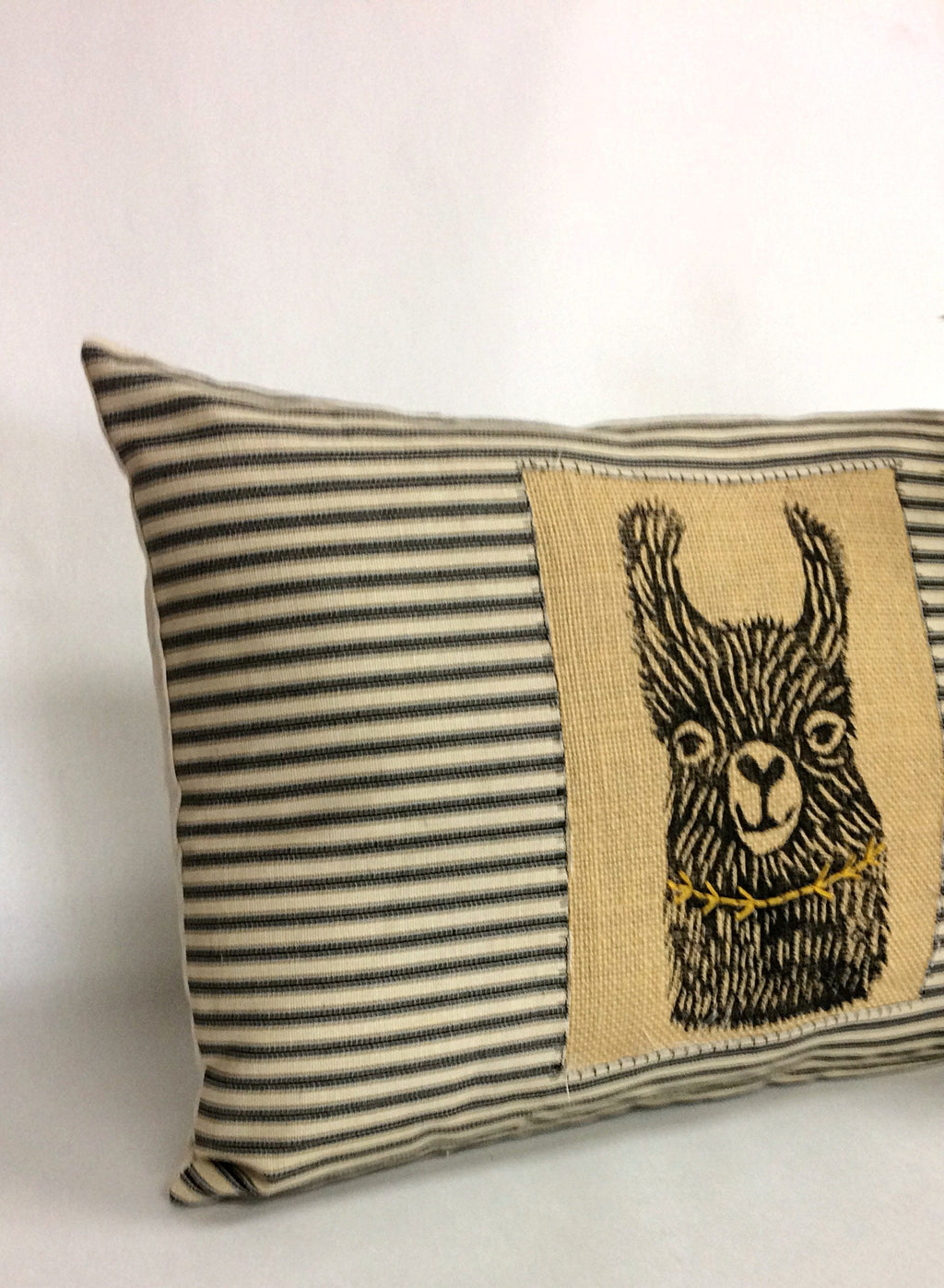 Hand Printed Llama Pillow: Striped Cotton Decorative Pillow