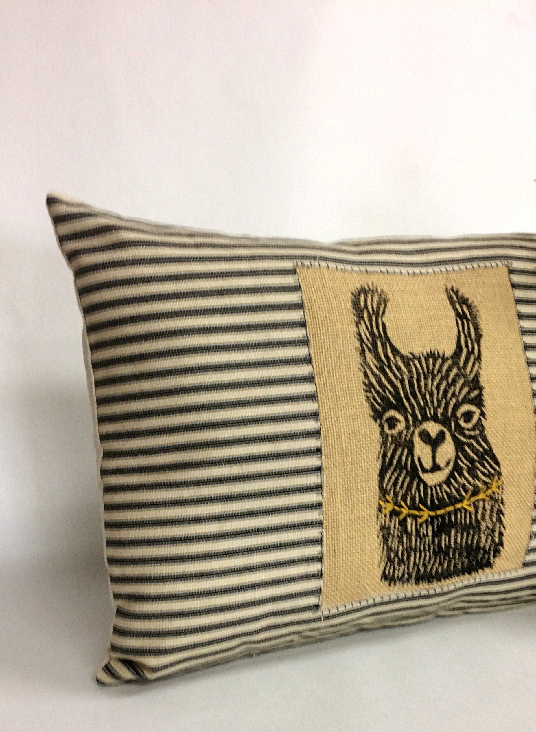 Hand Printed Llama Pillow: Striped Cotton Decorative Pillow