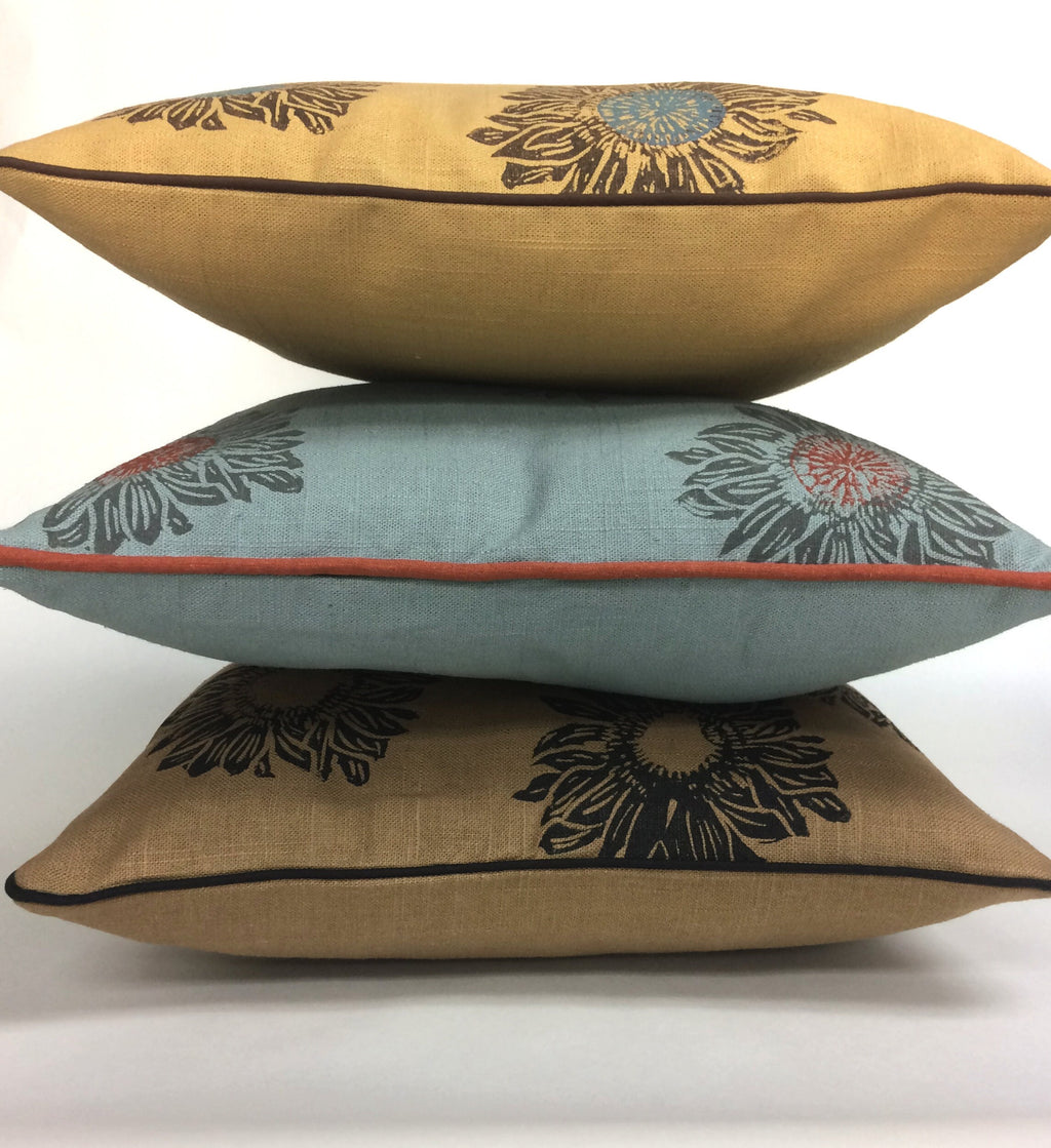 Hand Printed Sunflower Linen Pillow: Floral Home Decor