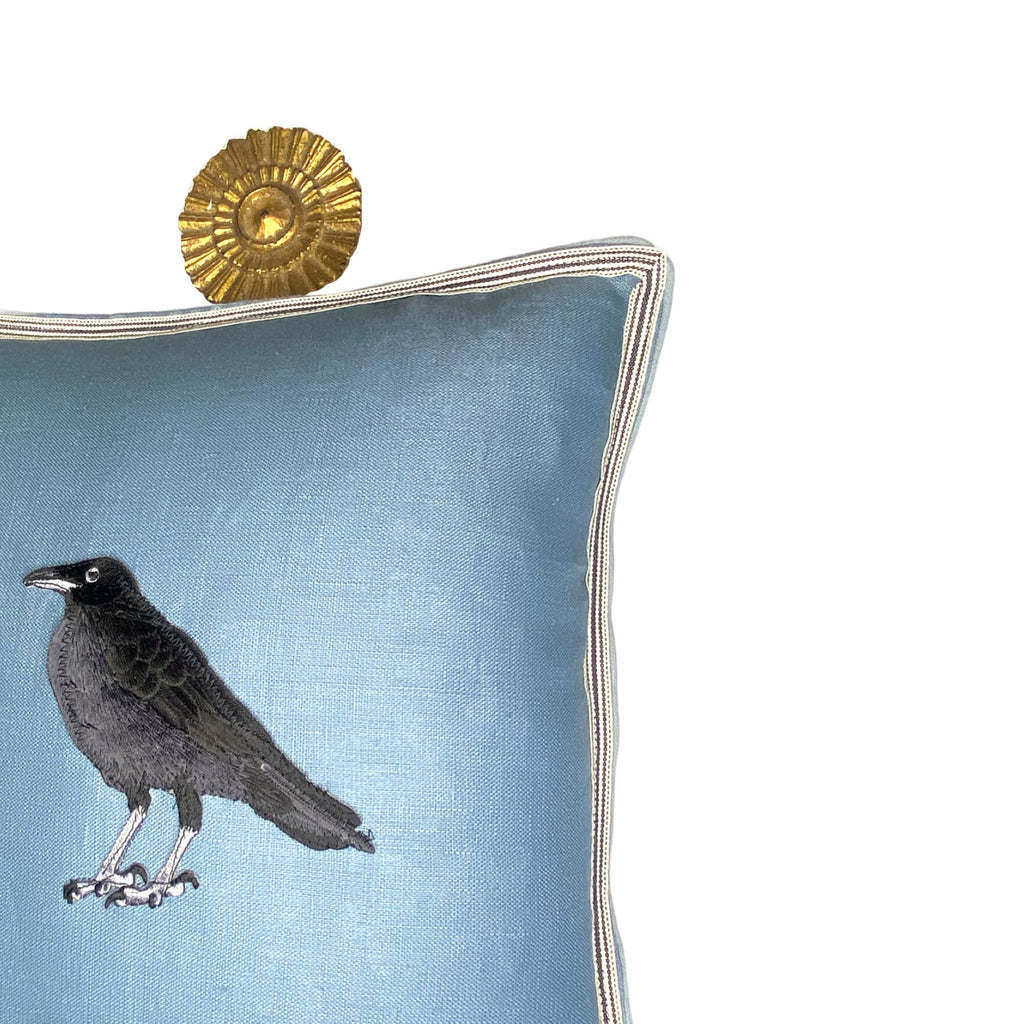 Embroidered Raven Linen Pillow: Slate Blue Bird Decorative Cushion