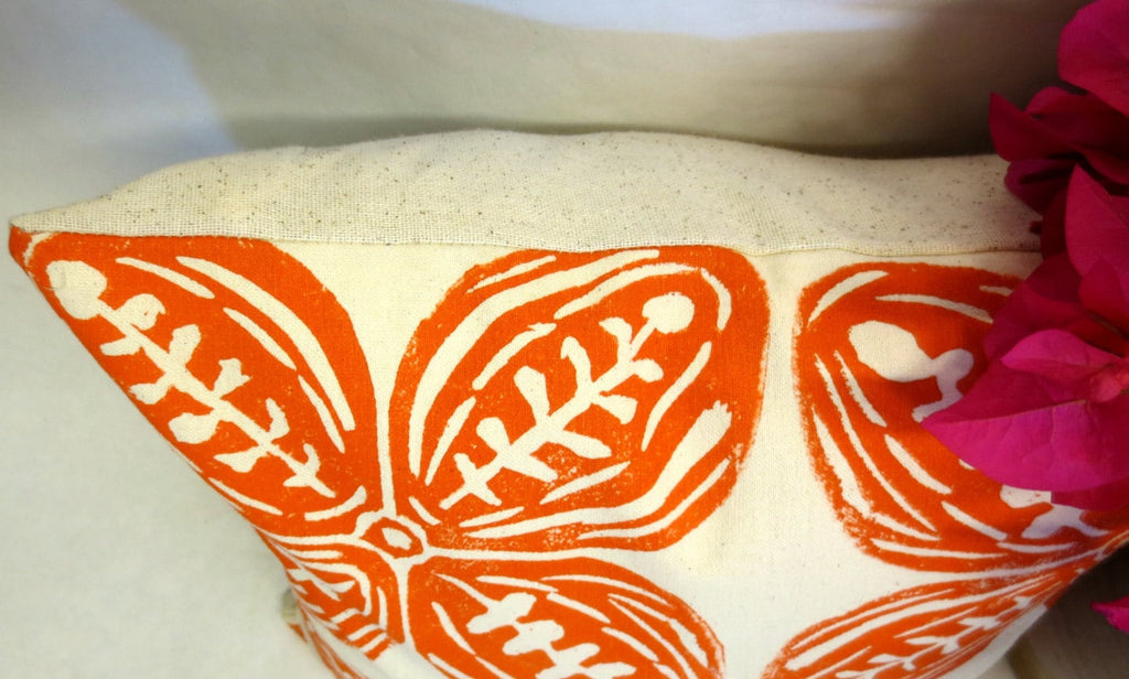 Orange Tribal Print Pillow: Hand Block Cream Cotton Canvas