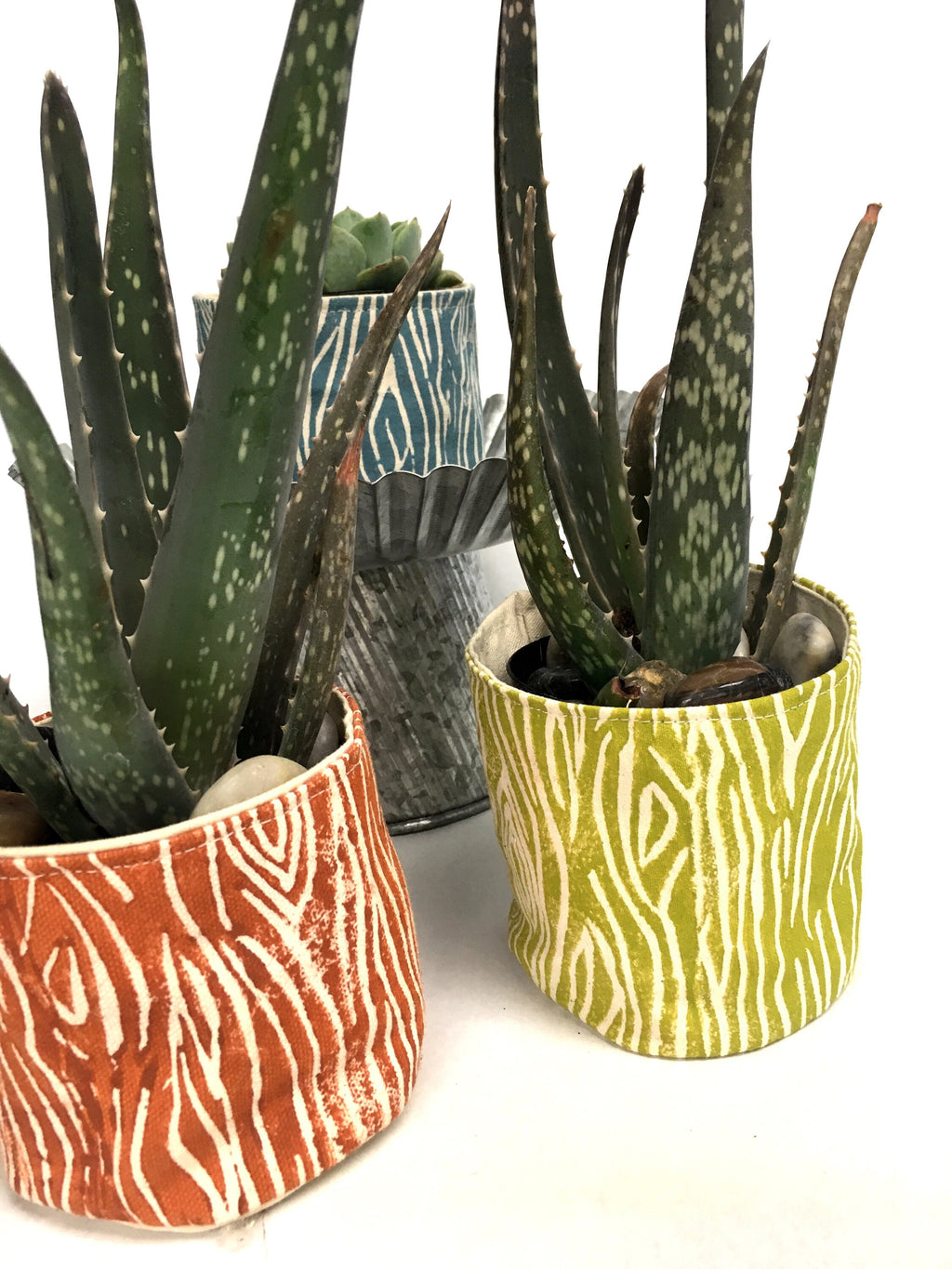 Wood Grain Print Fabric Plant Pot: Blockprinted Organic Cotton Sleeve