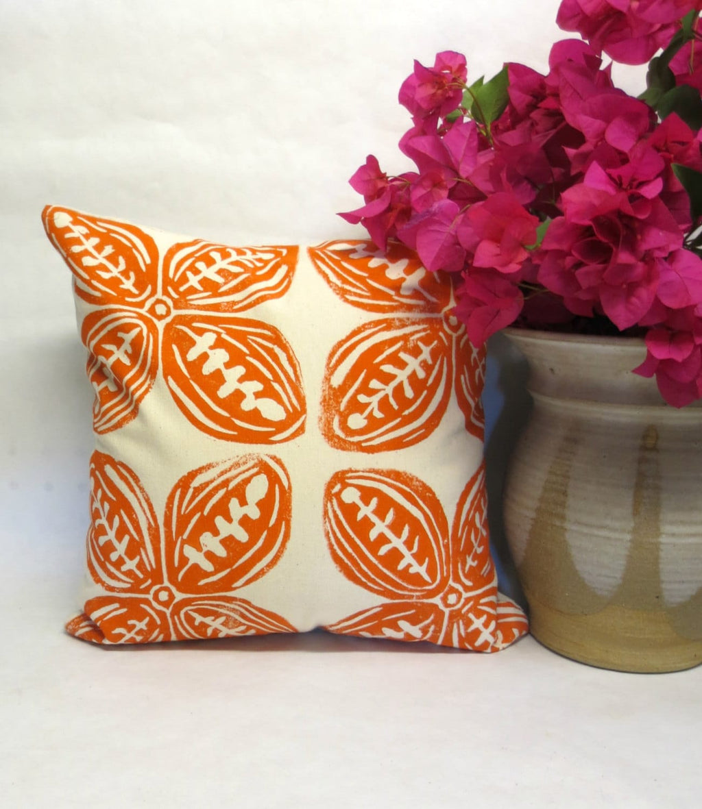 Orange Tribal Print Pillow: Hand Block Cream Cotton Canvas