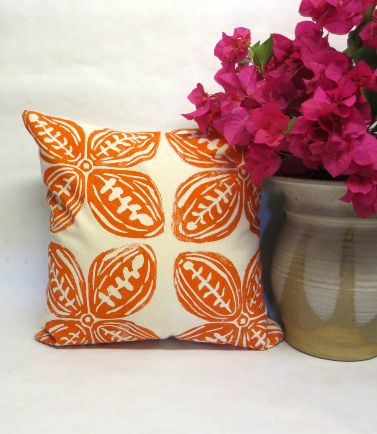 Orange Tribal Print Pillow: Hand Block Cream Cotton Canvas