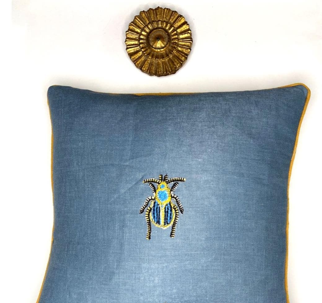 Blue Linen Beetle Embroidery Pillow - Insect Decorative Pillow