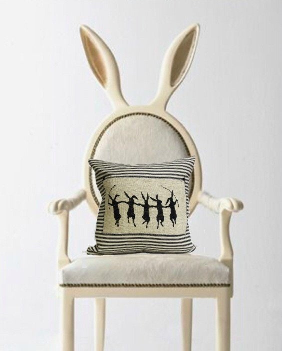 Dancing Hare Pillow Cover: Black Stripe Rabbit Print Cushion