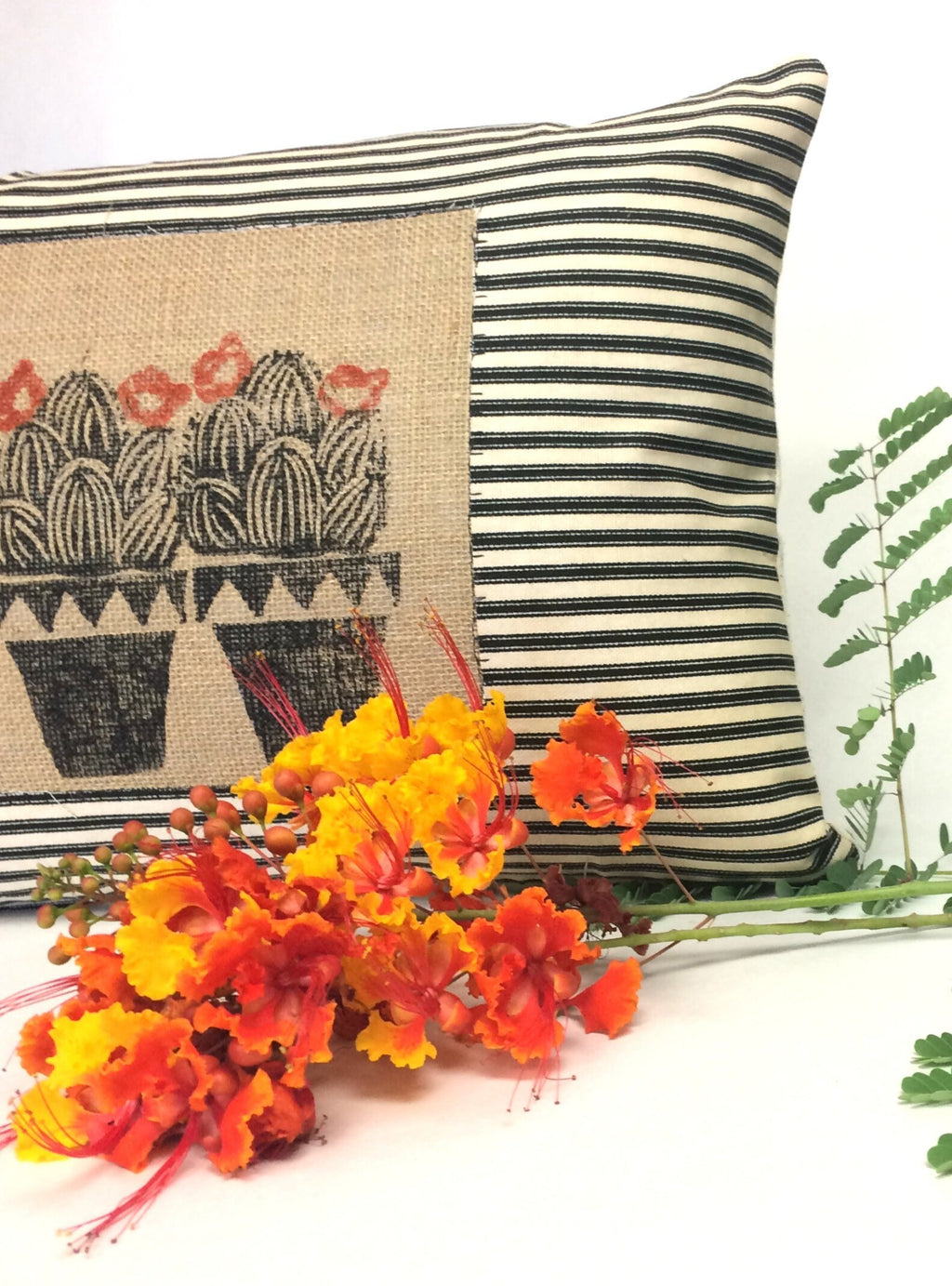 Hand Printed Cactus Pillow: Black & Beige Cotton Throw Pillow