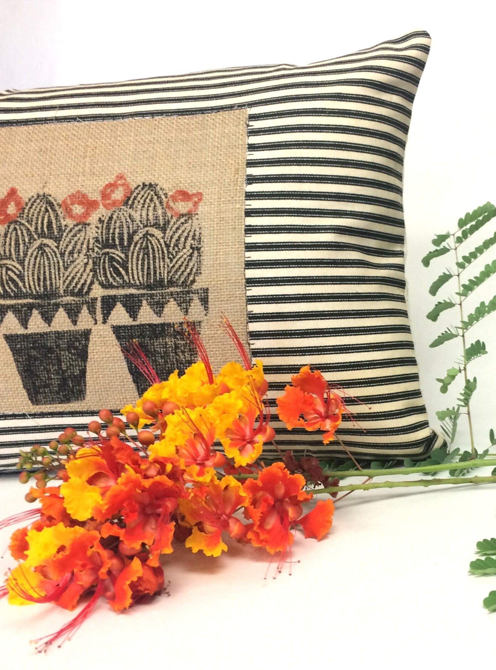 Hand Printed Cactus Pillow: Black & Beige Cotton Throw Pillow