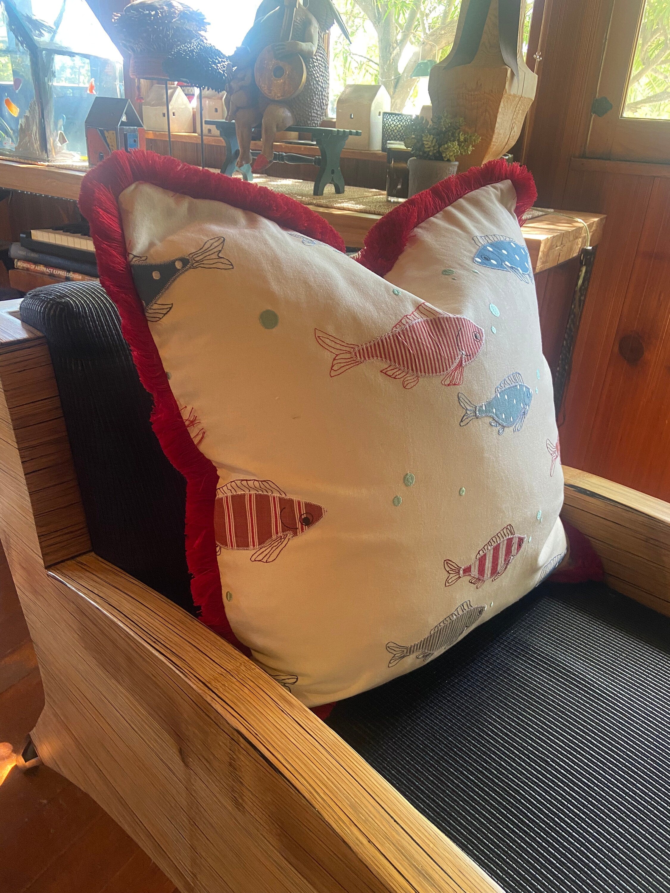 Decorative red and blue fish pillow - beach decor pillow - lake cabin fish pillow