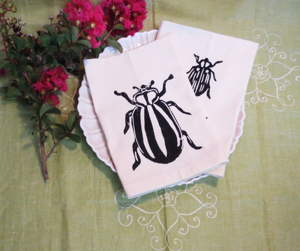 Set of Four Ivory Cotton Napkin with Hand Print Beetle Design / Hostess Gift