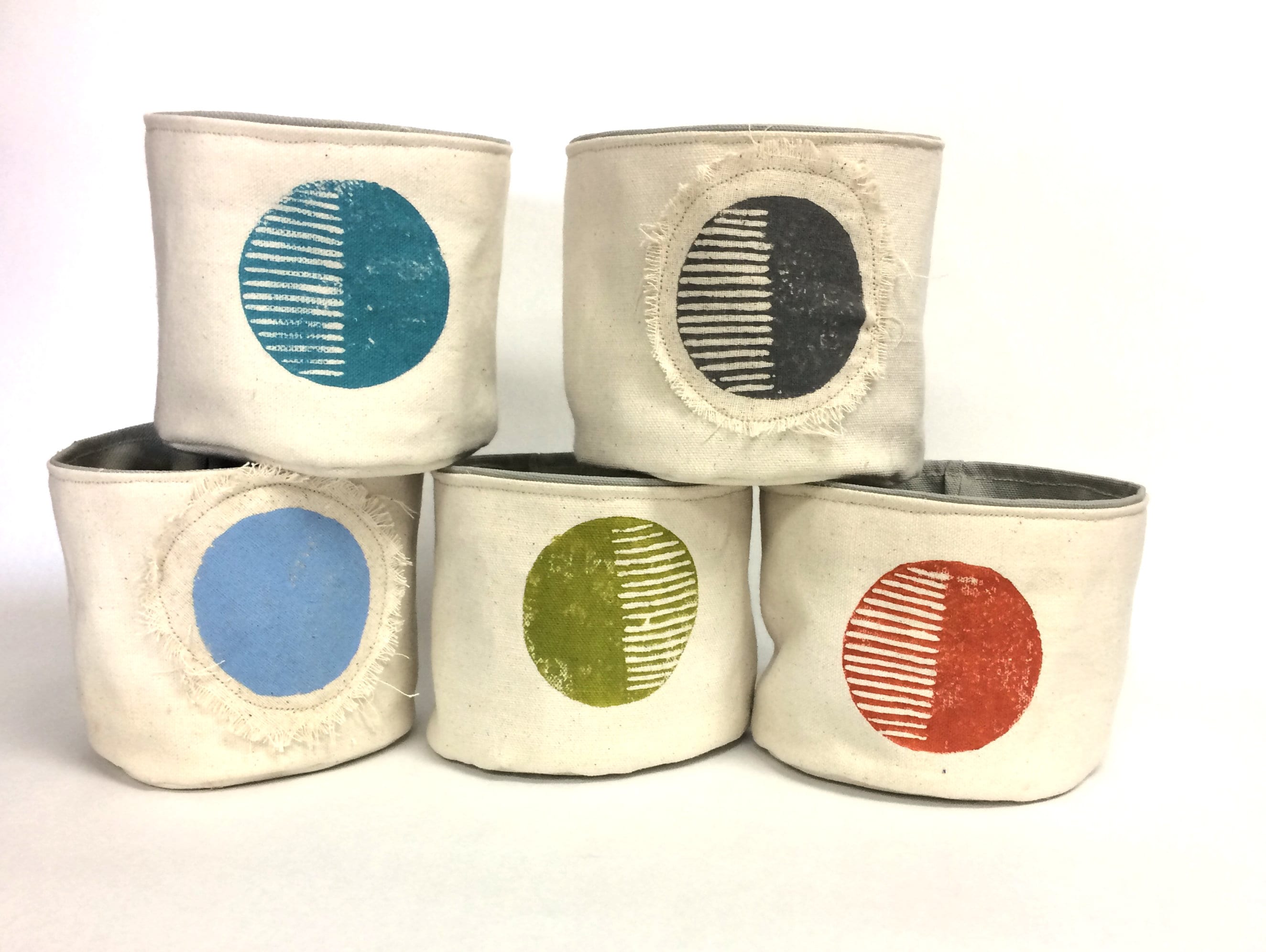 5” Circular Print Succulent / Plant Pot, Blockprinted Fabric Bucket