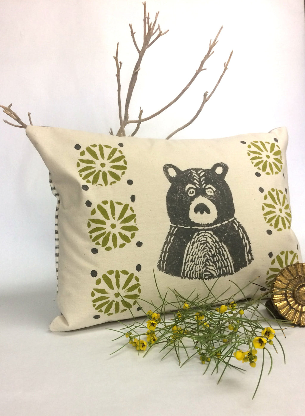 Mid-Century Bear Print Pillow: Grey Bear, Citrine Green Geometric Design
