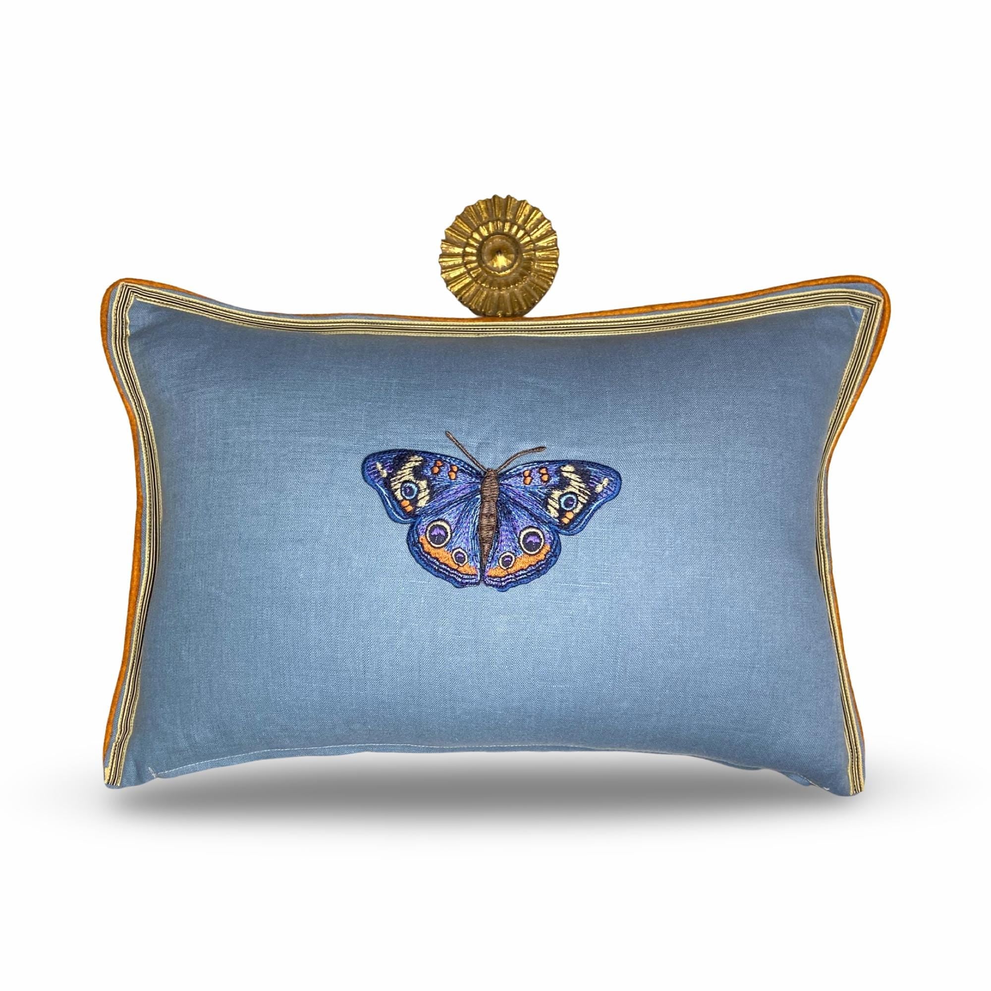 Butterfly Slate Blue and Orange Embroidered  Linen Pillow - Embroidery Pillow