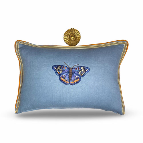 Butterfly Slate Blue and Orange Embroidered  Linen Pillow - Embroidery Pillow