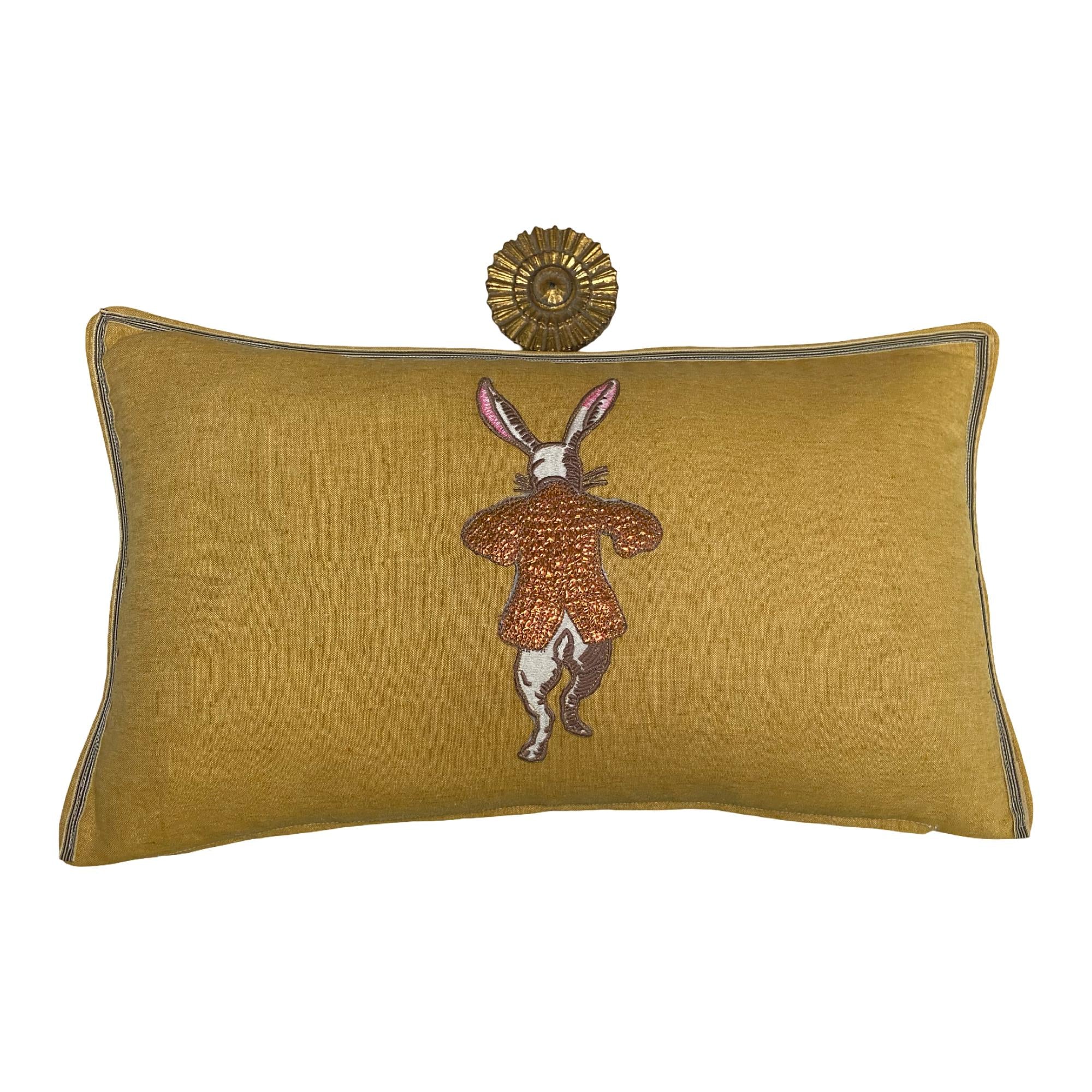 Rabbit Embroidery Pillow: your choice of linen with Metallic Accents