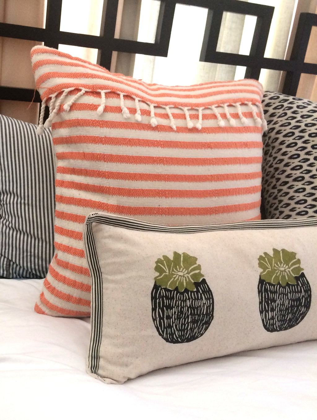 Barrel Cactus Print Kidney Pillow: Hand Block Printed Decorative Pillow