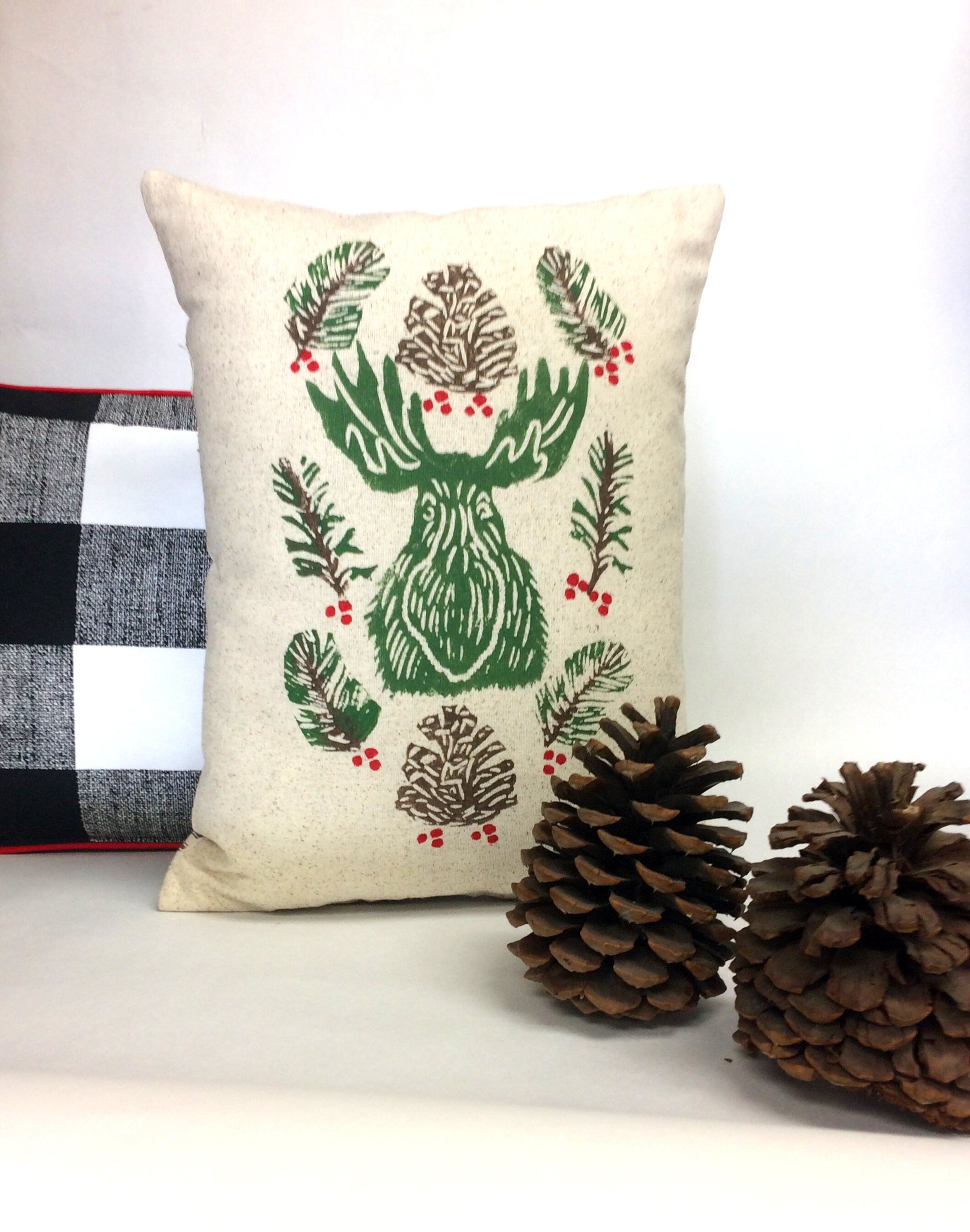 Christmas Moose or Bear Pillow: Hand Printed Woodland Decoration