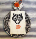 Screaming Cat Halloween Napkins: Hand Printed Ivory Cotton, Set of 4