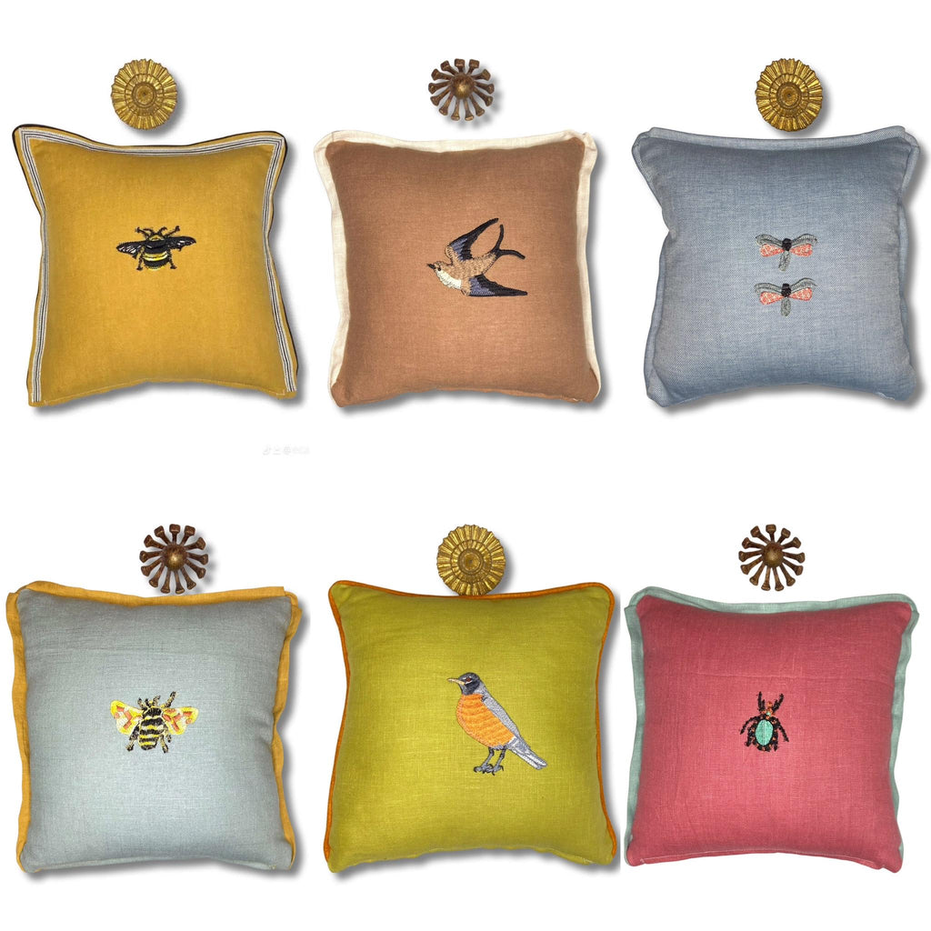 Embroidered Robin Bird Linen Pillow: Slate Blue & Orange Accent