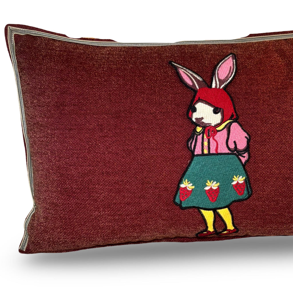 Rabbit Embroidery Pillow: Whimsical Cranberry Chenille Woodland Decor