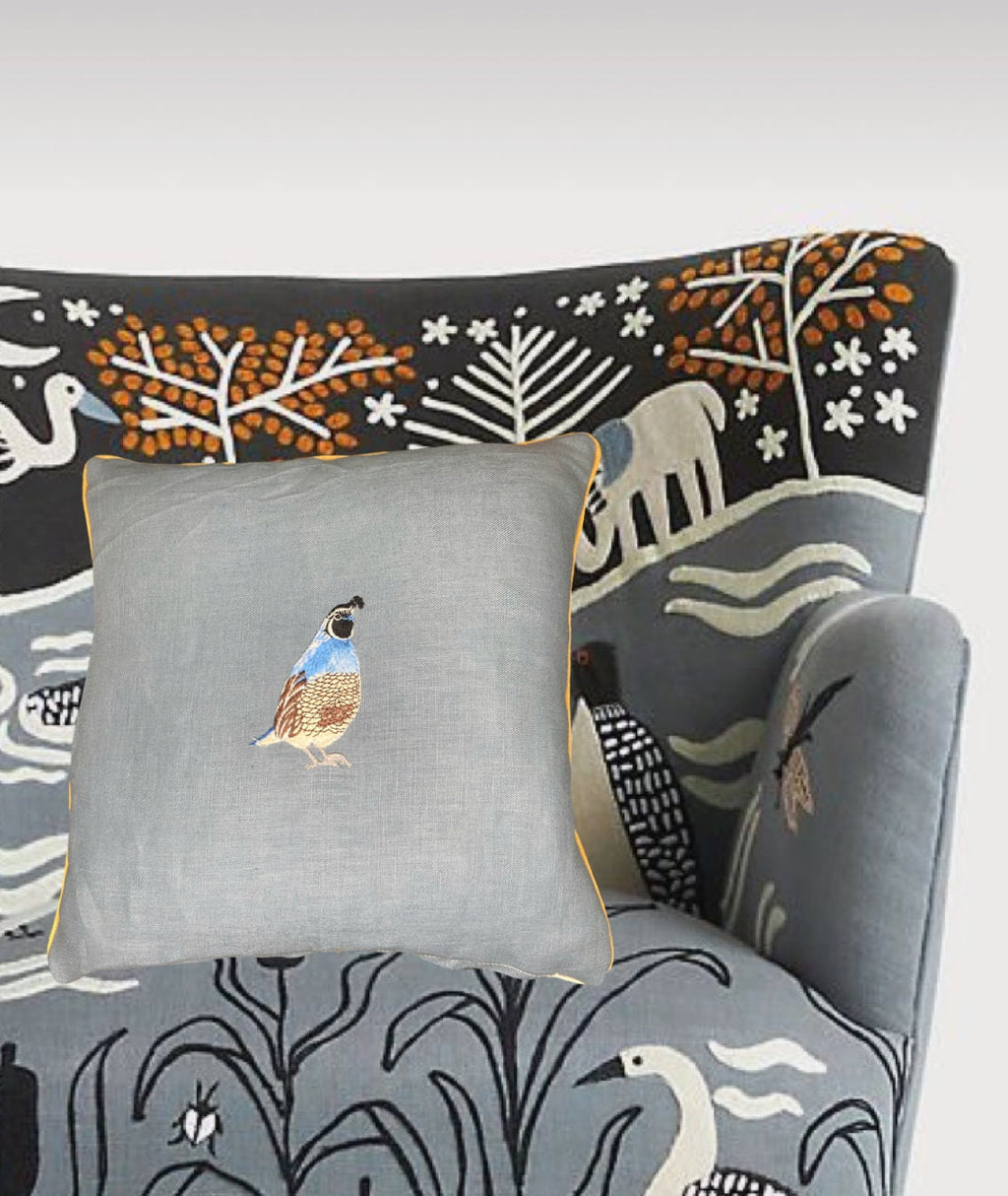 Slate Blue Linen Pillow: Embroidered Quail Bird Decorative Pillow