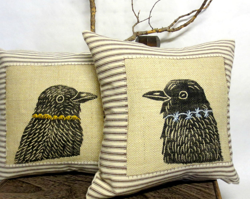 Raven Print Pillow: Poly Burlap with Hand Embroidery