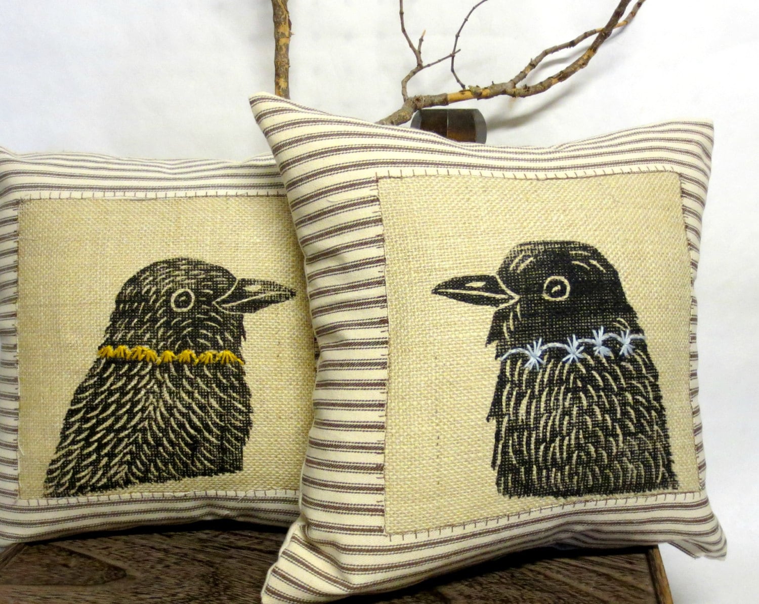 Raven Print Pillow: Poly Burlap with Hand Embroidery