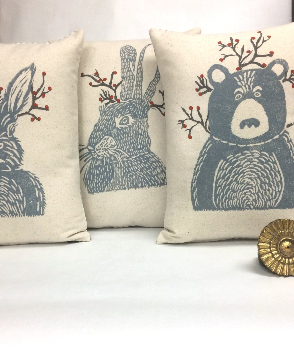 Hand Block Printed Woodland Animal Pillow: Rabbit or Bear Print